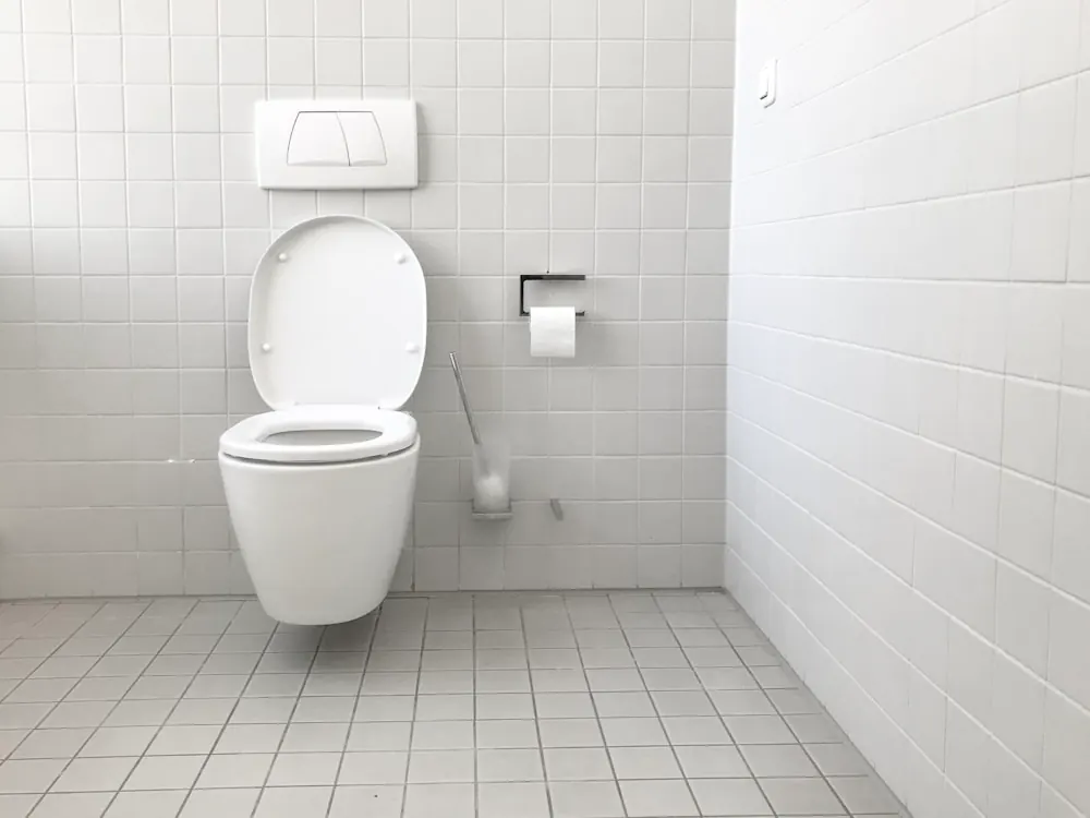 Wall-hung white ceramic toilet with a concealed cistern plate in a white tiled bathroom
